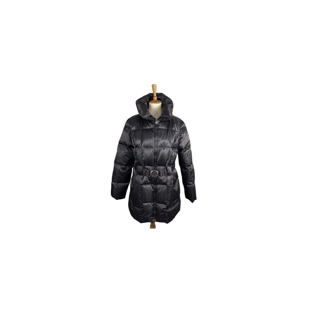 Laundry by Shelli Segal Womens Shiny Black Down Puffer Jacket Belted Mid-Length